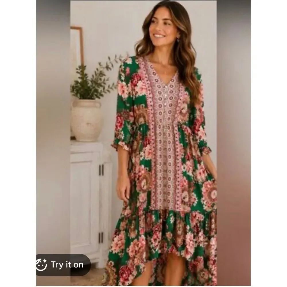 Figueroa & Flower Green Pink Floral Tired Ruffle Midi Dress S